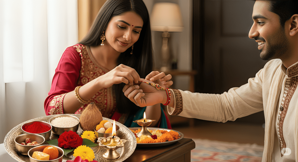 Sister tying a rakhi 2025 on her brother’s wrist next to a decorated thali with traditional puja items
